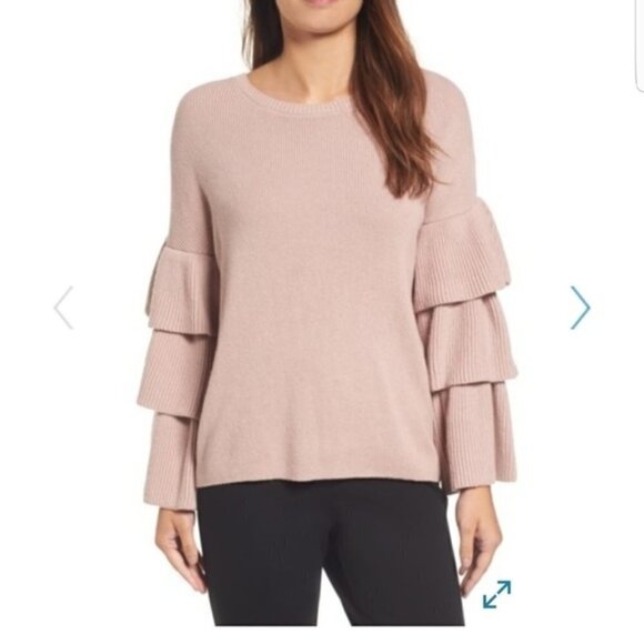 Halogen Petite Light Pink Ruffle Tiered Bell Sleeve Sweater PM - Picture 1 of 5